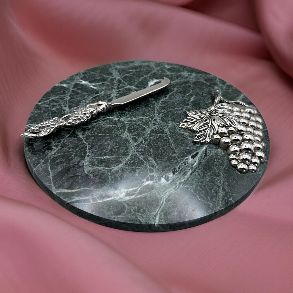 Godinger Green Marble 10” Round Cheese Board Charcuterie Silver Grapes